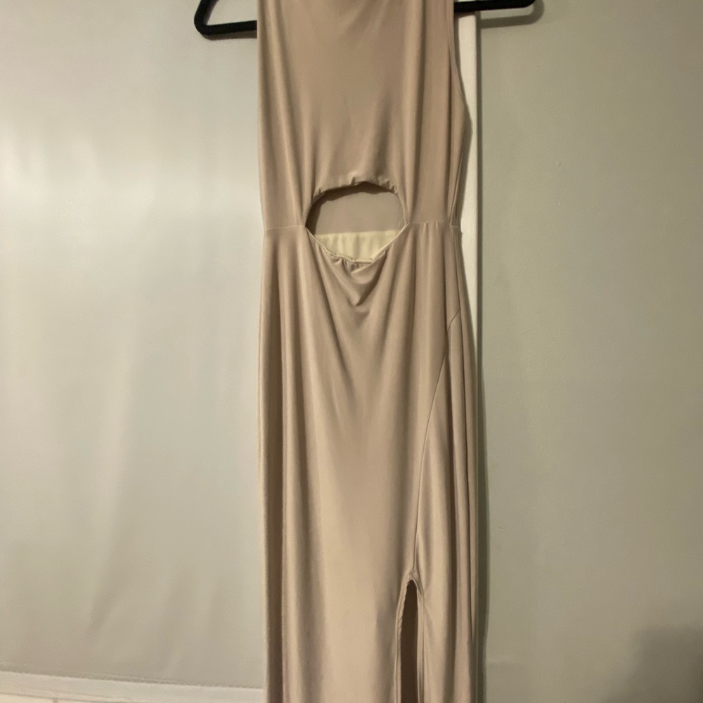 Cream Tan Halter Bodycon Cocktail Dress